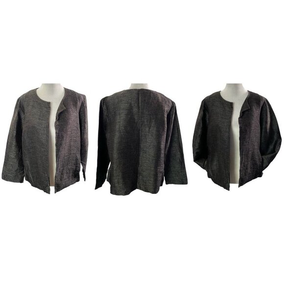 EILEEN FISHER Women Short Blazer Size M Black Silk Blend 3/4 Sleeve Luxury - Picture 2 of 11